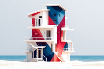 Obraz premium Multi-Level Modern Geometric Beach House with Diagonal Color Mural on White Sand Shore