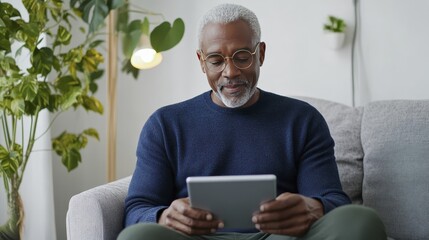 Senior man enjoying digital tablet on cozy living room sofa