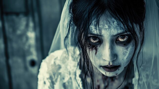 Mysterious scary bride draped in delicate white veil, dimly lit background. Mystique dead woman story. Haunting bridal day, mystery, eerie girl in white dress want revenge .