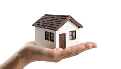 Small white house model with brown roof held in hand over white background. Clear features like door, windows, and details visible in monochrome color palette.