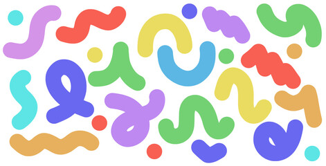 Colorful abstract doodle squiggle elements on transparent background. Vibrant cartoon multicolor lines and shapes. playful kids' designs.