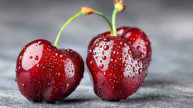 Close Up Shot of Fresh Wet Cherries on a Grey Stone Surface