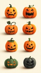 Pumpkins with various spooky designs arranged in a playful display for Halloween decoration