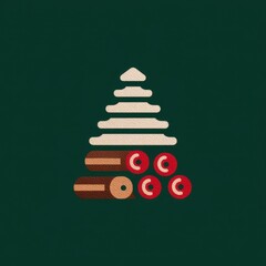Decorative wooden Christmas tree made from logs and red ornaments on a green background for holiday celebrations