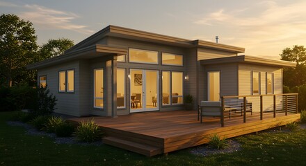 Modern House Exterior with Wooden Deck and Large Windows at Sunset