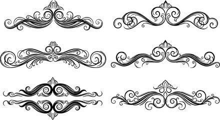 Fototapeta premium Collection of decorative ornamental swirls borders, flourishes and dividers ornate tribal elements in black on white background 