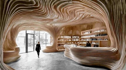 Wooden layered interior with organic shapes, retail space with shelves, customer and entrance