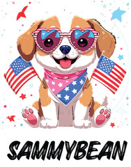 Kawaii Patriotic Puppy with Heart Sunglasses and American Flags – Cute Sticker-Style Illustration 