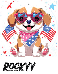 Kawaii Patriotic Puppy with Heart Sunglasses and American Flags &ndash; Cute Sticker-Style Illustration 
