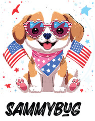Kawaii Patriotic Puppy with Heart Sunglasses and American Flags &ndash; Cute Sticker-Style Illustration 