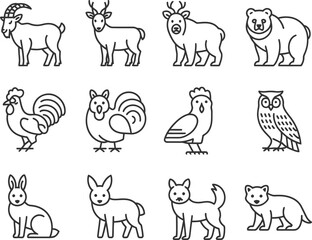 Collection of hand drawn sketch style farm and wild animals in a grid layout