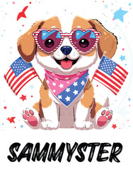 Kawaii Patriotic Puppy with Heart Sunglasses and American Flags &ndash; Cute Sticker-Style Illustration 