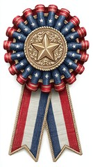 Decorative award ribbon with red, white, and blue colors featuring a star emblem and ribbon tails