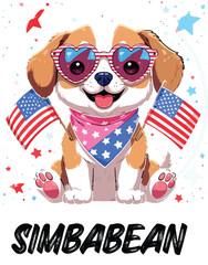 Kawaii Patriotic Puppy with Heart Sunglasses and American Flags &ndash; Cute Sticker-Style Illustration 