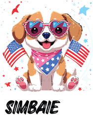 Kawaii Patriotic Puppy with Heart Sunglasses and American Flags – Cute Sticker-Style Illustration 