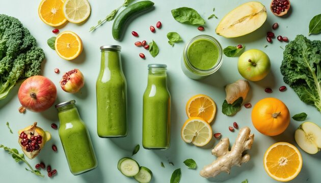 Fresh produce illustration with vibrant orange, green apple, red pomegranate. Grid arrangement of green cucumbers, yellow lemons, grapes, red tomato. Visual display of fruit, vegetables on white - Powered by Adobe
