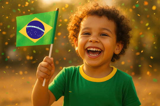 Joyful child waving brazilian flag amidst falling confetti celebrating national spirit. Brazil Independence Day - Powered by Adobe