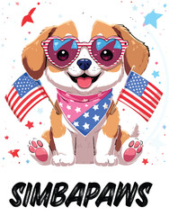 Kawaii Patriotic Puppy with Heart Sunglasses and American Flags – Cute Sticker-Style Illustration 