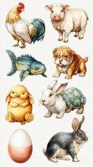 Variety of farm animals and eggs illustrated together showing diverse livestock and pets