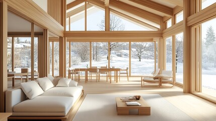 Fototapeta premium Elegant wooden interior with winter view, spacious living area, dining, snow-covered landscape visible