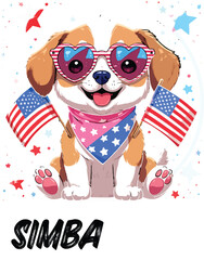 Kawaii Patriotic Puppy with Heart Sunglasses and American Flags – Cute Sticker-Style Illustration 