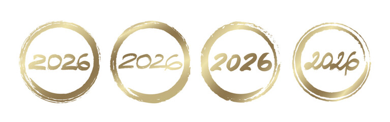 Set of hand drawn golden 2026 symbol in circular frame. Icon set for new year branding, minimalist celebration visuals, luxury packaging, and chic seasonal web banners
