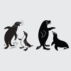 Seal and penguin slapping each other with flippers  image silhouette design vector art and illustration