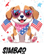 Kawaii Patriotic Puppy with Heart Sunglasses and American Flags – Cute Sticker-Style Illustration 
