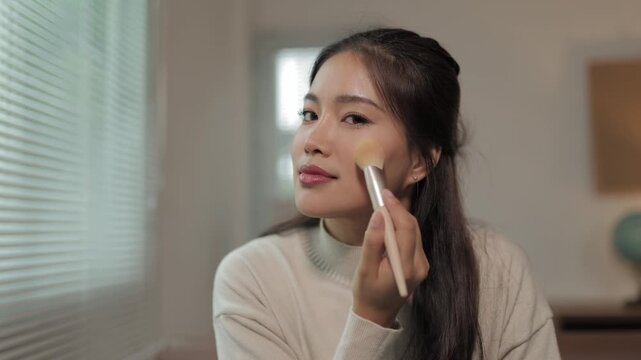 Beautiful asian woman applying foundation on her face using a brush, looking at camera, smiling and showing how to do a professional makeup