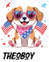 Kawaii Patriotic Puppy with Heart Sunglasses and American Flags – Cute Sticker-Style Illustration 