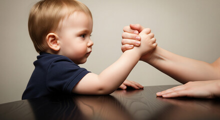Intense Arm Wrestling Match Between Child and Adult