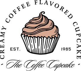 Coffee cupcake flavor espresso cream flavored filling frosting homemade creamy rich caffeine treats logo label design. Fancy retro luxury aesthetic drawing illustration transparent background clipart.