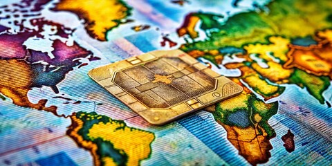 Fototapeta premium Macro Close-up of Credit Card Chip & Global Currency Notes: Universal Payment Symbol