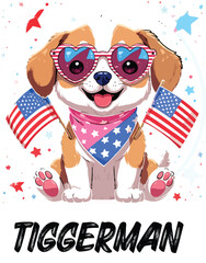 Kawaii Patriotic Puppy with Heart Sunglasses and American Flags – Cute Sticker-Style Illustration 