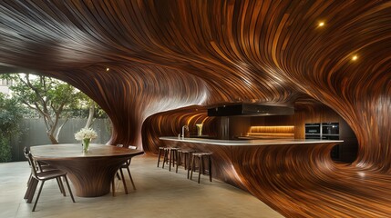 Unique kitchen and dining area. Wooden curved walls and ceiling. Modern interior design with outdoor view