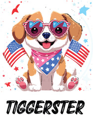 Kawaii Patriotic Puppy with Heart Sunglasses and American Flags – Cute Sticker-Style Illustration 