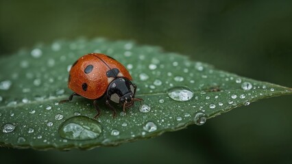 Close-Up Macro Photography of a Vibrant Red Ladybug Beetle on a Leaf with Water Droplets in a Summer Garden Wildlife Habitat