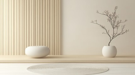 Minimalist zen decor with smooth forms, neutral tones, and a dried branch in a vase