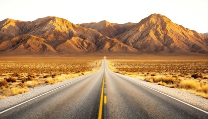 Serene desert landscape features a winding road leading toward horizon under warm light. Mountain range on left, blue sky above meet horizon. Golden hour lighting enhances arid terrain.