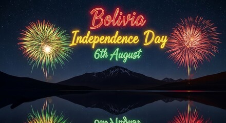 Bolivia Independence Day Fireworks Over Lake, Night Sky, Celebration, August 6th.