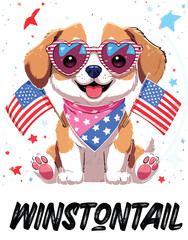 Kawaii Patriotic Puppy with Heart Sunglasses and American Flags – Cute Sticker-Style Illustration 