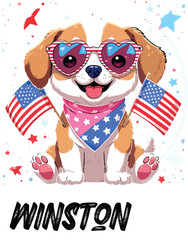 Kawaii Patriotic Puppy with Heart Sunglasses and American Flags – Cute Sticker-Style Illustration 