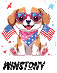 Kawaii Patriotic Puppy with Heart Sunglasses and American Flags – Cute Sticker-Style Illustration 