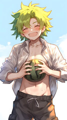 Animated Boy Holds Watermelon Summer Vibes Anime Style Radiant Smile.