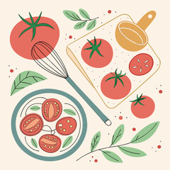 Seamless pattern with fresh red tomatoes and other healthy fruit and vegetable icons, a vibrant food illustration vector design