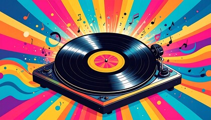 Vibrant turntable on colorful, radiating background, music notes