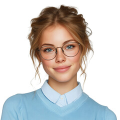 Portrait of a blonde woman with glasses and a blue sweater smiling softly isolated on transparent background