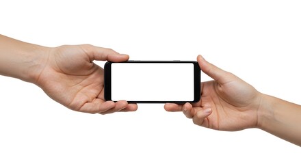 Collaborative display: two pairs of hands holding a smartphone with a blank screen.