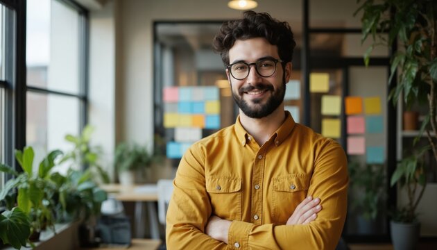 Man wearing vibrant yellow shirt, arms crossed, smiling confidently. Office background with window and green plant adds natural element. Casual business attire, friendly professional.