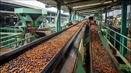 A detailed view of a processing plant with conveyor belts carrying harvested fruits for further production.